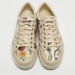 Pre Owned Gucci Grey Floral Print Leather Low Sneakers Size 43.5