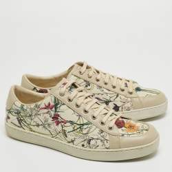Pre Owned Gucci Grey Floral Print Leather Low Sneakers Size 43.5