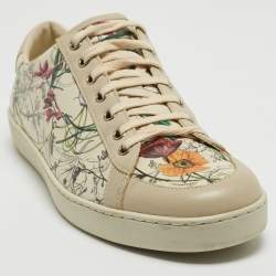 Pre Owned Gucci Grey Floral Print Leather Low Sneakers Size 43.5