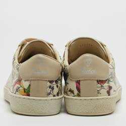 Pre Owned Gucci Grey Floral Print Leather Low Sneakers Size 43.5