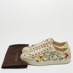 Pre Owned Gucci Grey Floral Print Leather Low Sneakers Size 43.5