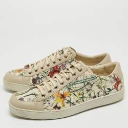 Pre Owned Gucci Grey Floral Print Leather Low Sneakers Size 43.5