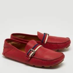 Gucci Red Leather Web Buckle Loafers Size 43