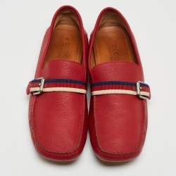 Gucci Red Leather Web Buckle Loafers Size 43