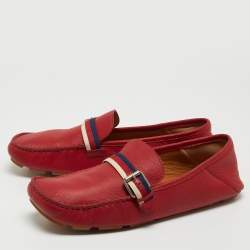 Gucci Red Leather Web Buckle Loafers Size 43
