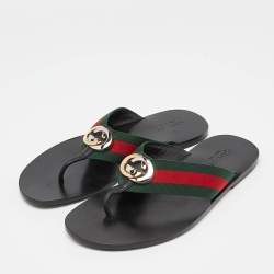 Pre Owned Gucci Black Leather GG Thong Slipper Sandals Size 43