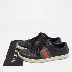 Gucci Black Perforated Leather Web Detail Low Top Sneakers Size 42.5