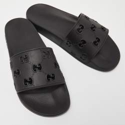 Pre Owned Gucci Black GG Laser Cut Rubber Slides Size 43