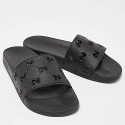 Pre Owned Gucci Black GG Laser Cut Rubber Slides Size 43