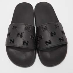 Pre Owned Gucci Black GG Laser Cut Rubber Slides Size 43