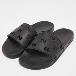 Pre Owned Gucci Black GG Laser Cut Rubber Slides Size 43
