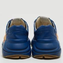 Pre Owned Gucci Blue Leather Logo Rhyton Low-Top Sneakers Size 42