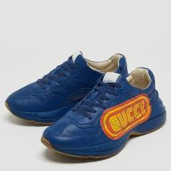 Pre Owned Gucci Blue Leather Logo Rhyton Low-Top Sneakers Size 42