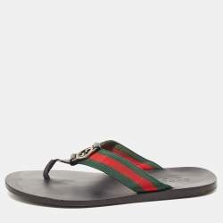 Gucci Black Leather and Canvas Horsebit Web Flat Sandals Size 44 Gucci