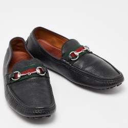 Gucci Black Leather Web Horsebit Loafers Size 44