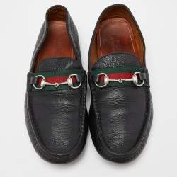 Gucci Black Leather Web Horsebit Loafers Size 44
