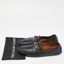 Gucci Black Leather Web Horsebit Loafers Size 44