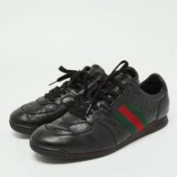 Gucci Black Leather Web Lace Up Sneakers Size 45.5