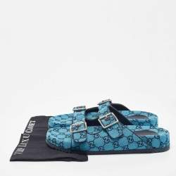 Pre Owned Gucci Blue GG Supreme Canvas Flat Slides Size 44