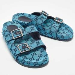Pre Owned Gucci Blue GG Supreme Canvas Flat Slides Size 44