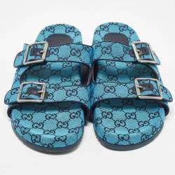 Pre Owned Gucci Blue GG Supreme Canvas Flat Slides Size 44