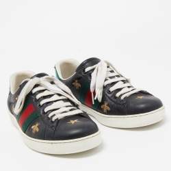 Gucci Black Leather Python Embossed Web Ace Low Top Sneakers Size 41
