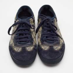 Pre Owned Gucci Navy blue/Grey GG Canvas and Suede Low Top Sneakers  Size 40.5