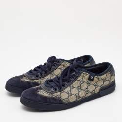 Pre Owned Gucci Navy blue/Grey GG Canvas and Suede Low Top Sneakers  Size 40.5