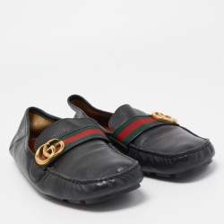 Pre Owned Gucci Black Leather GG Marmont Web Driver Slip On Loafers Size 42