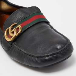Pre Owned Gucci Black Leather GG Marmont Web Driver Slip On Loafers Size 42