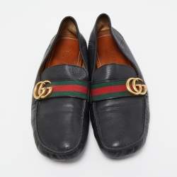Pre Owned Gucci Black Leather GG Marmont Web Driver Slip On Loafers Size 42