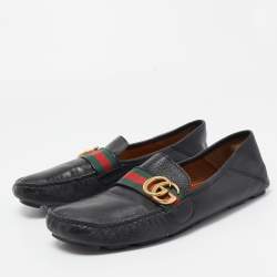 Pre Owned Gucci Black Leather GG Marmont Web Driver Slip On Loafers Size 42