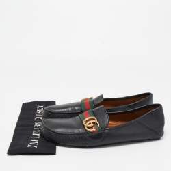 Pre Owned Gucci Black Leather GG Marmont Web Driver Slip On Loafers Size 42