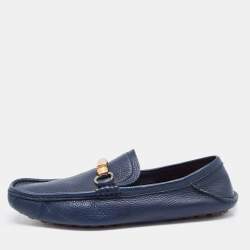 Gucci Navy Blue Leather Bamboo Horsebit Loafers Size 45.5