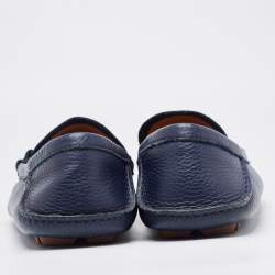 Gucci Navy Blue Leather Bamboo Horsebit Loafers Size 45.5