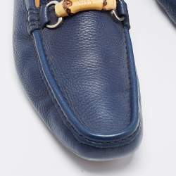 Gucci Navy Blue Leather Bamboo Horsebit Loafers Size 45.5