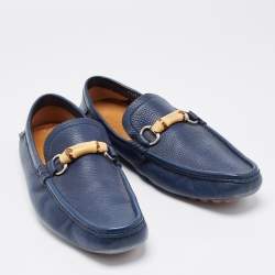 Gucci Navy Blue Leather Bamboo Horsebit Loafers Size 45.5