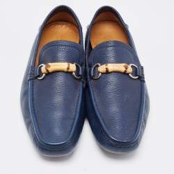 Gucci Navy Blue Leather Bamboo Horsebit Loafers Size 45.5