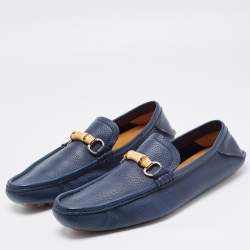 Gucci Navy Blue Leather Bamboo Horsebit Loafers Size 45.5