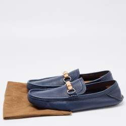 Gucci Navy Blue Leather Bamboo Horsebit Loafers Size 45.5