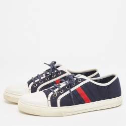 Pre Owned Gucci Navy Blue Canvas And  Leather Web Detail Lace Up Sneakers Size 44.5