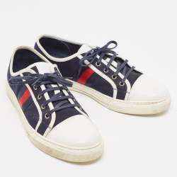 Pre Owned Gucci Navy Blue Canvas And  Leather Web Detail Lace Up Sneakers Size 44.5