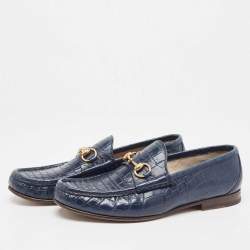 Pre Owned Gucci Navy Blue Crocodile Leather Horsebit Loafers Size 42