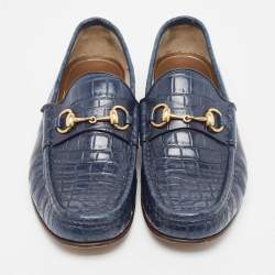Pre Owned Gucci Navy Blue Crocodile Leather Horsebit Loafers Size 42