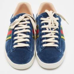 Gucci Blue Velvet And  Foil Leather Web Detail Ace Sneakers Size 42.5