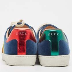 Gucci Blue Velvet And  Foil Leather Web Detail Ace Sneakers Size 42.5