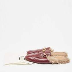 Gucci Princetown Burgundy Leather and  Fur Mules Size 45