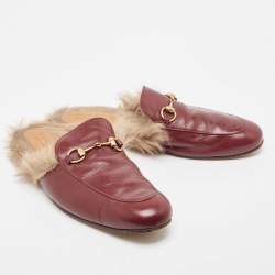 Gucci Princetown Burgundy Leather and  Fur Mules Size 45