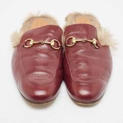 Gucci Princetown Burgundy Leather and  Fur Mules Size 45