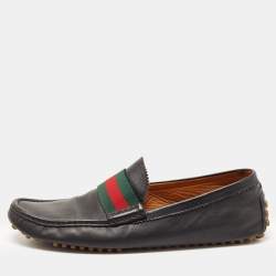 Gucci Navy Blue Leather Web Trim Loafers Size 45.5